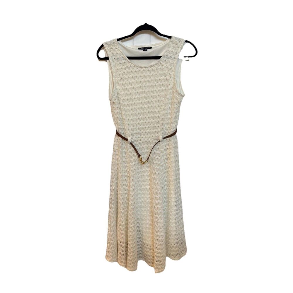Sharagano Dress Women's Size 6 White Textured Lace Sleeveless Brown Belt Boho